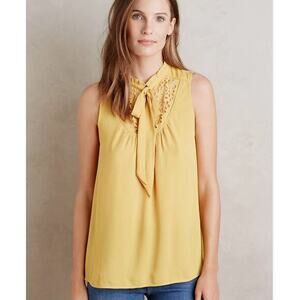 Anthropologie Luca Tie-Neck Blouse‎ by Maeve Medium 10 Yellow Laser Cut